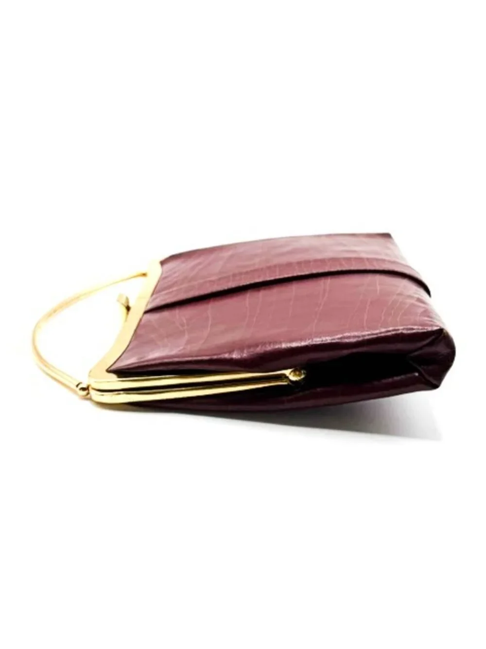 Vintage Burgundy Frame Handbag Gold Tone Top Handle Evening Clutch
